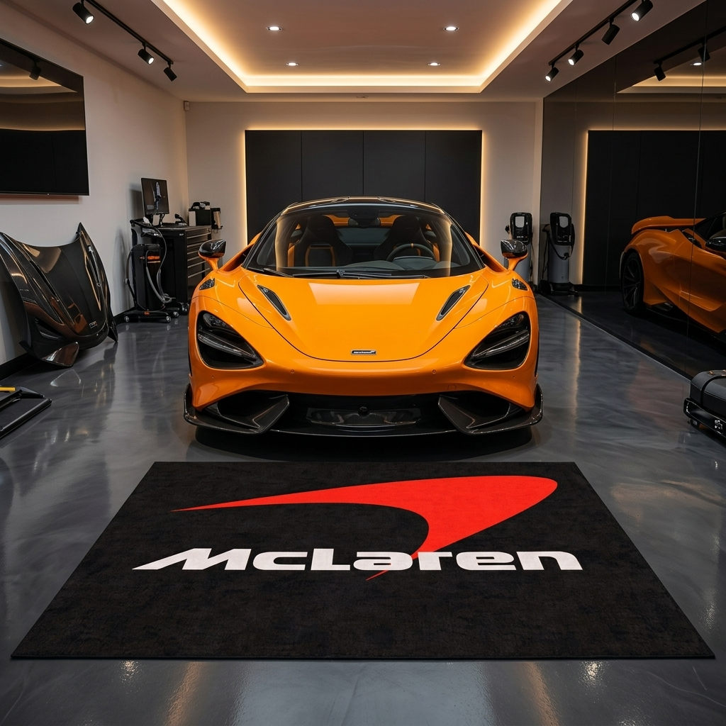McLaren garage floor mat, 5x7 ft (60x87"), bold red Speedmark swoosh and McLaren wordmark on black background with dimensions shown.