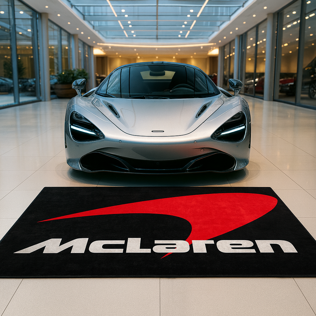 Large McLaren logo floor rug, 5x7 feet (60x87 inches), with non-slip backing, displayed in a clean, minimalist high-tech garage.