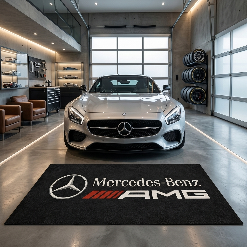 Mercedes-AMG garage floor mat, 5x7 ft (60x87"), three-pointed star and AMG wordmark with red performance stripes on black background with dimensions shown.