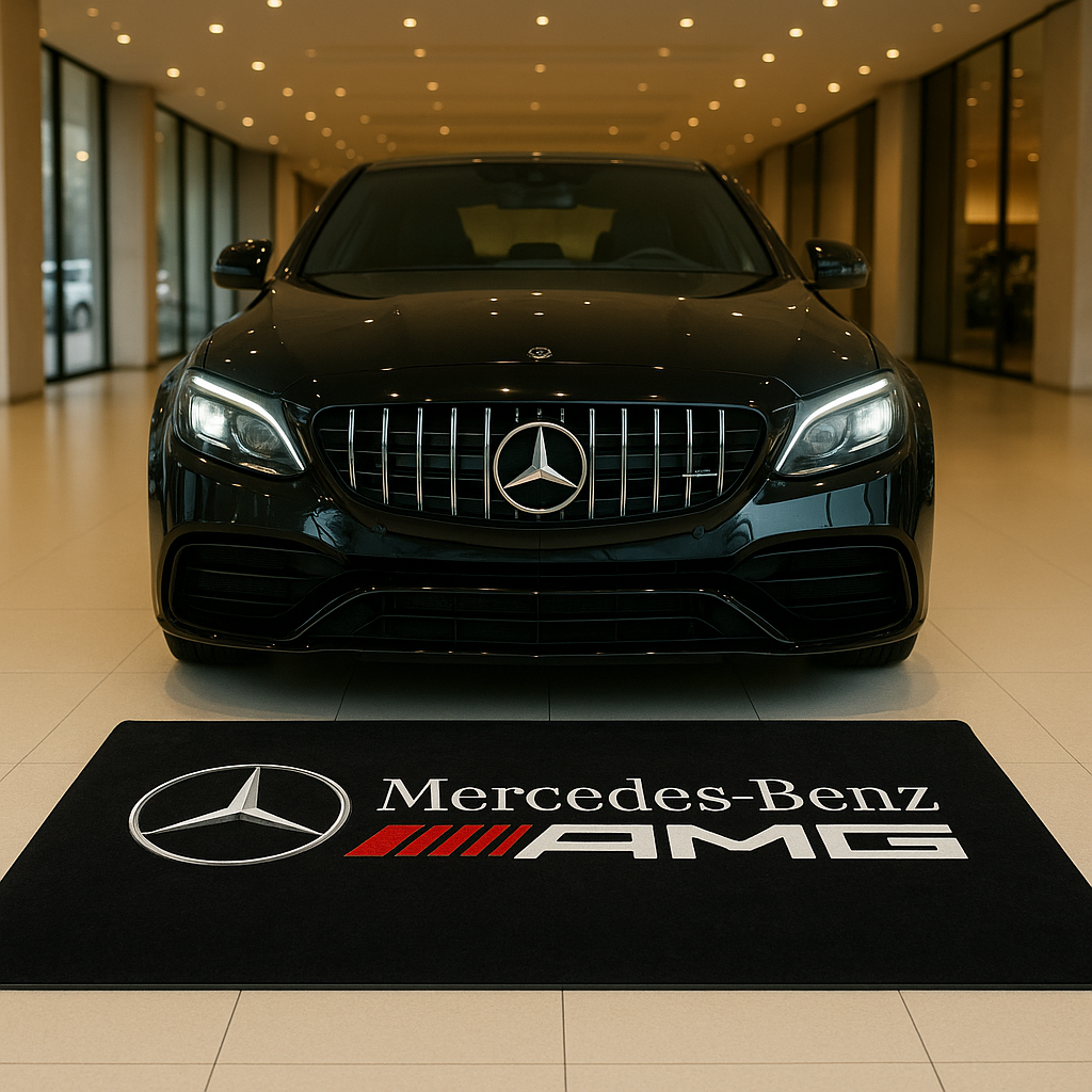 Large Mercedes-AMG logo floor rug, 5x7 feet (60x87 inches), with non-slip backing, displayed in a modern high-performance workshop.