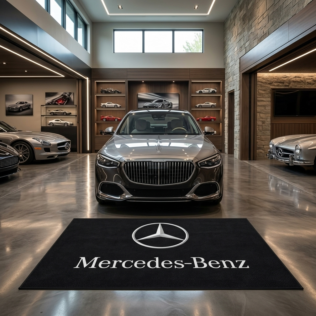 Mercedes-Benz garage floor mat, 5x7 ft (60x87"), silver three-pointed star and Mercedes-Benz wordmark on black background with dimensions shown.
