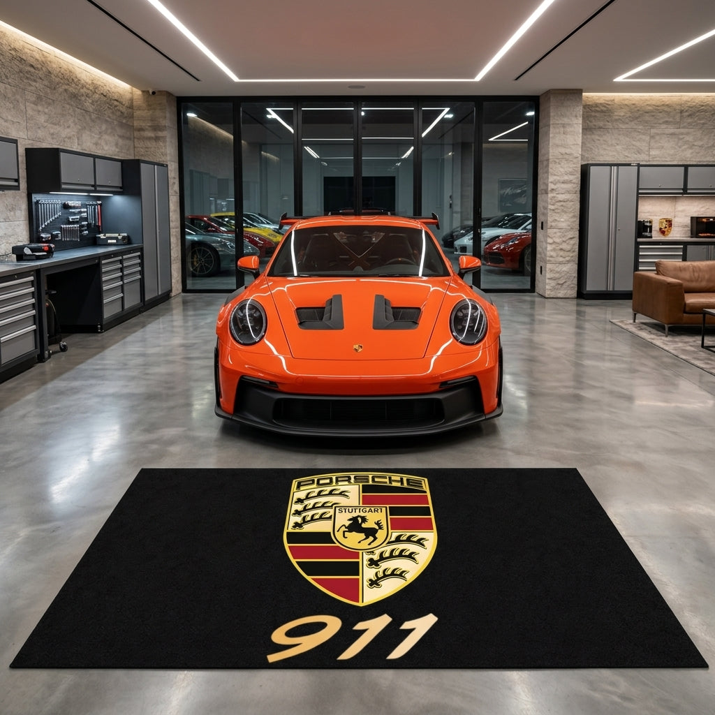 Porsche 911 garage floor mat, 5x7 ft (60x87"), full Porsche crest shield and gold 911 script numerals on black background with dimensions shown.