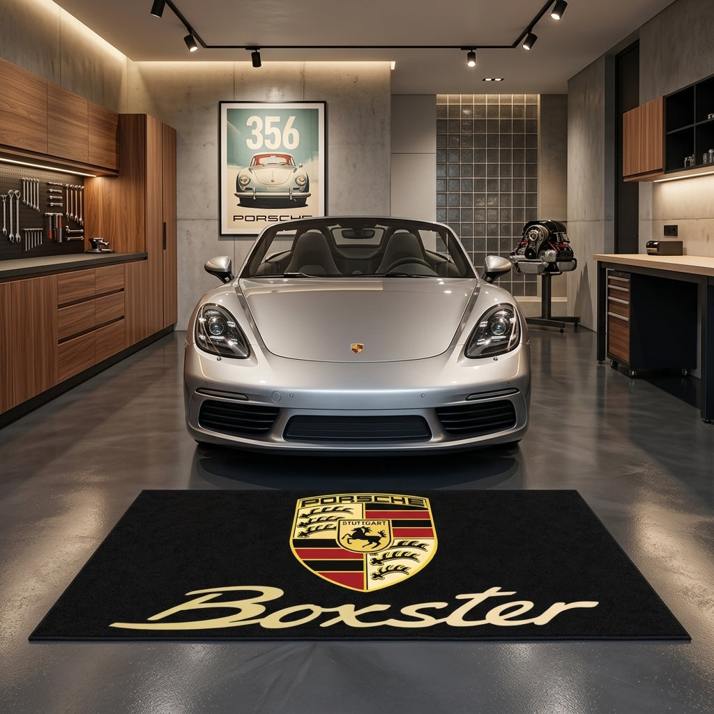 Porsche Boxster garage floor mat, 5x7 ft (60x87"), full Porsche crest shield and gold Boxster script on black background with dimensions shown.