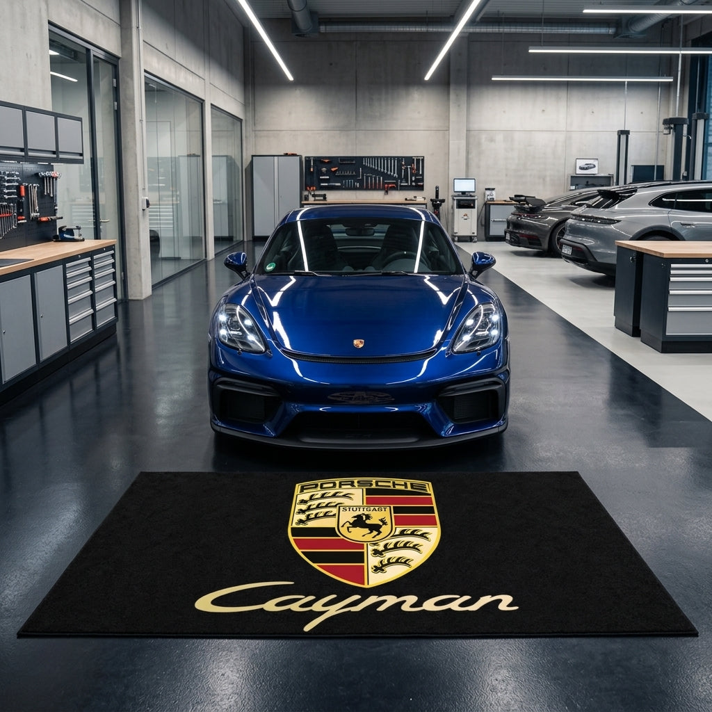 Porsche Cayman garage floor mat, 5x7 ft (60x87"), full Porsche crest shield and gold Cayman script on black background with dimensions shown.
