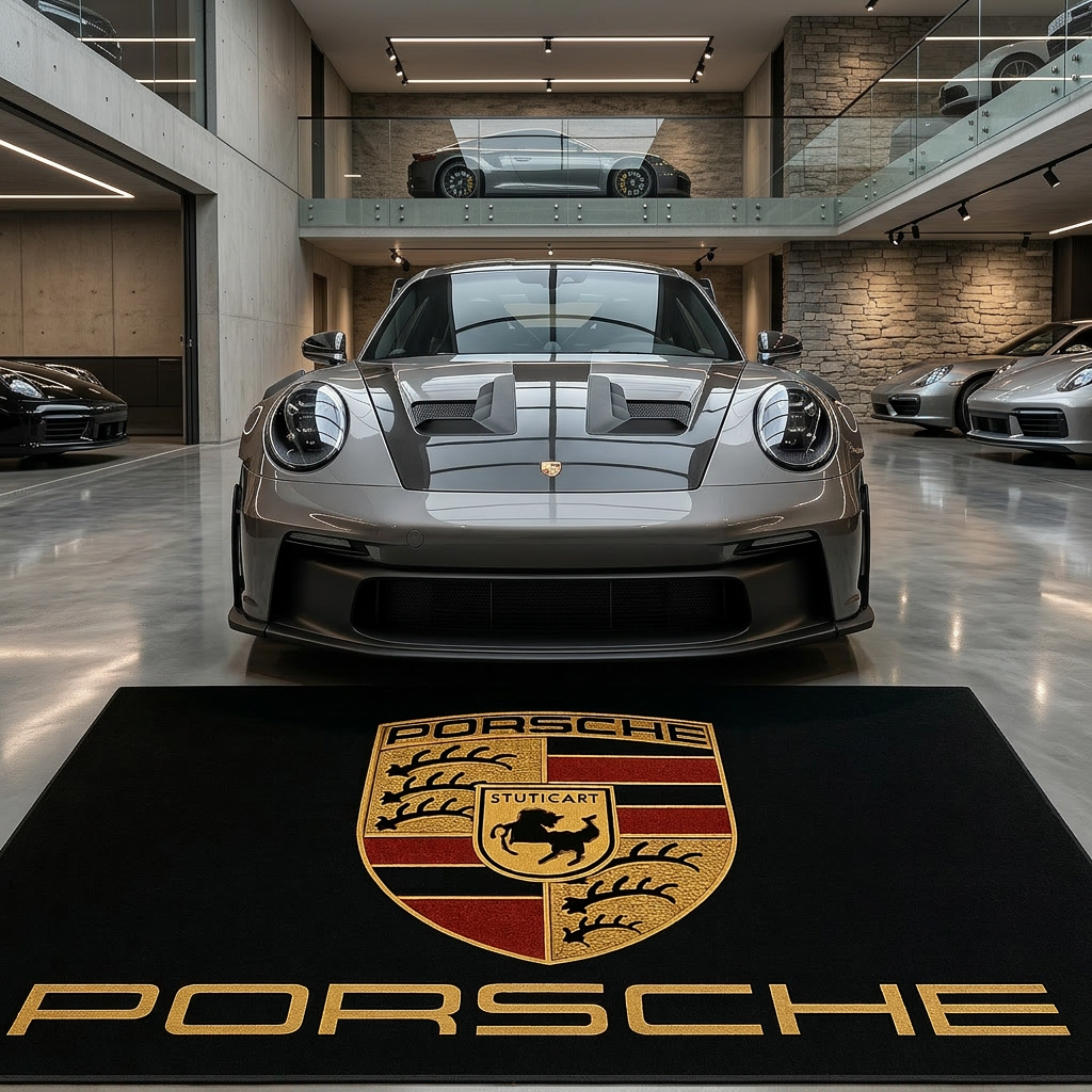 Porsche garage floor mat, 5x7 ft (60x87"), full Porsche crest shield and PORSCHE wordmark in gold red and black on black background with dimensions shown.
