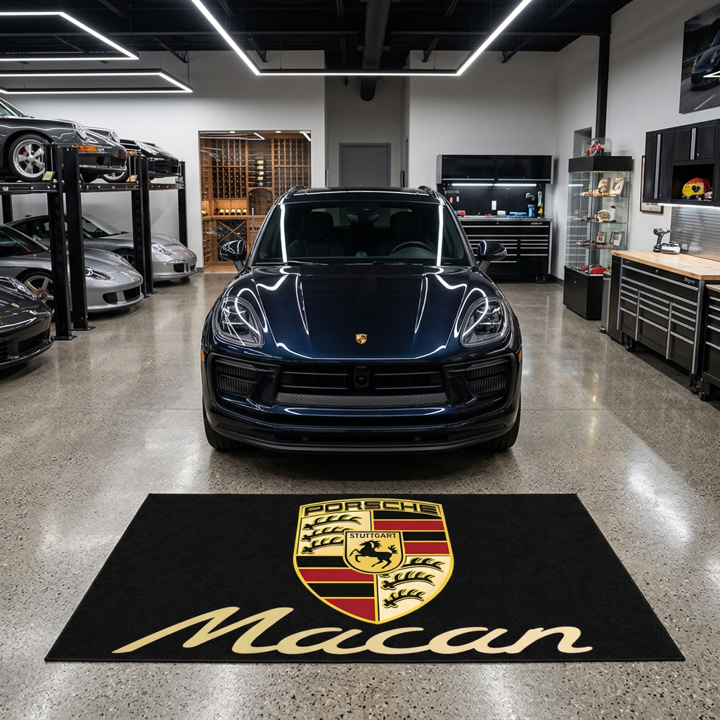 Porsche Macan garage floor mat, 5x7 ft (60x87"), full Porsche crest shield and gold Macan script on black background with dimensions shown.
