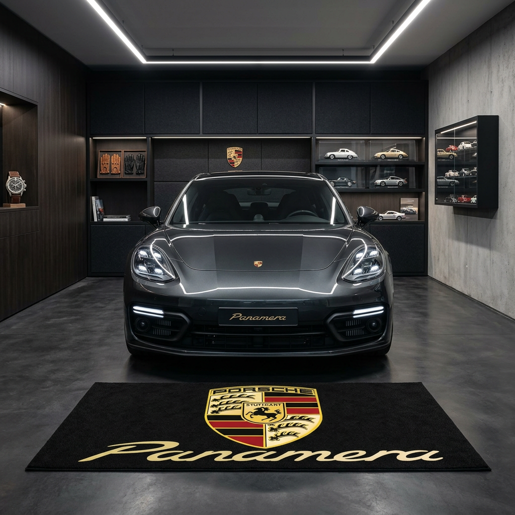 Porsche Panamera garage floor mat, 5x7 ft (60x87"), full Porsche crest shield and gold Panamera script on black background with dimensions shown.
