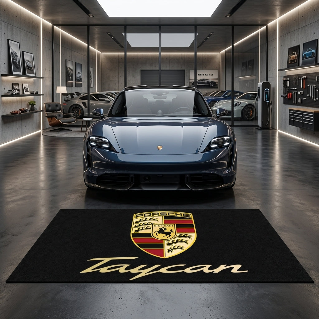 Porsche Taycan garage floor mat, 5x7 ft (60x87"), full Porsche crest shield and gold Taycan script on black background with dimensions shown.
