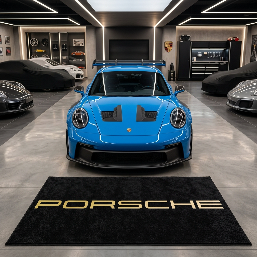 Porsche wordmark garage floor mat, 5x7 ft (60x87"), bold gold PORSCHE lettering on black background with dimensions shown.
