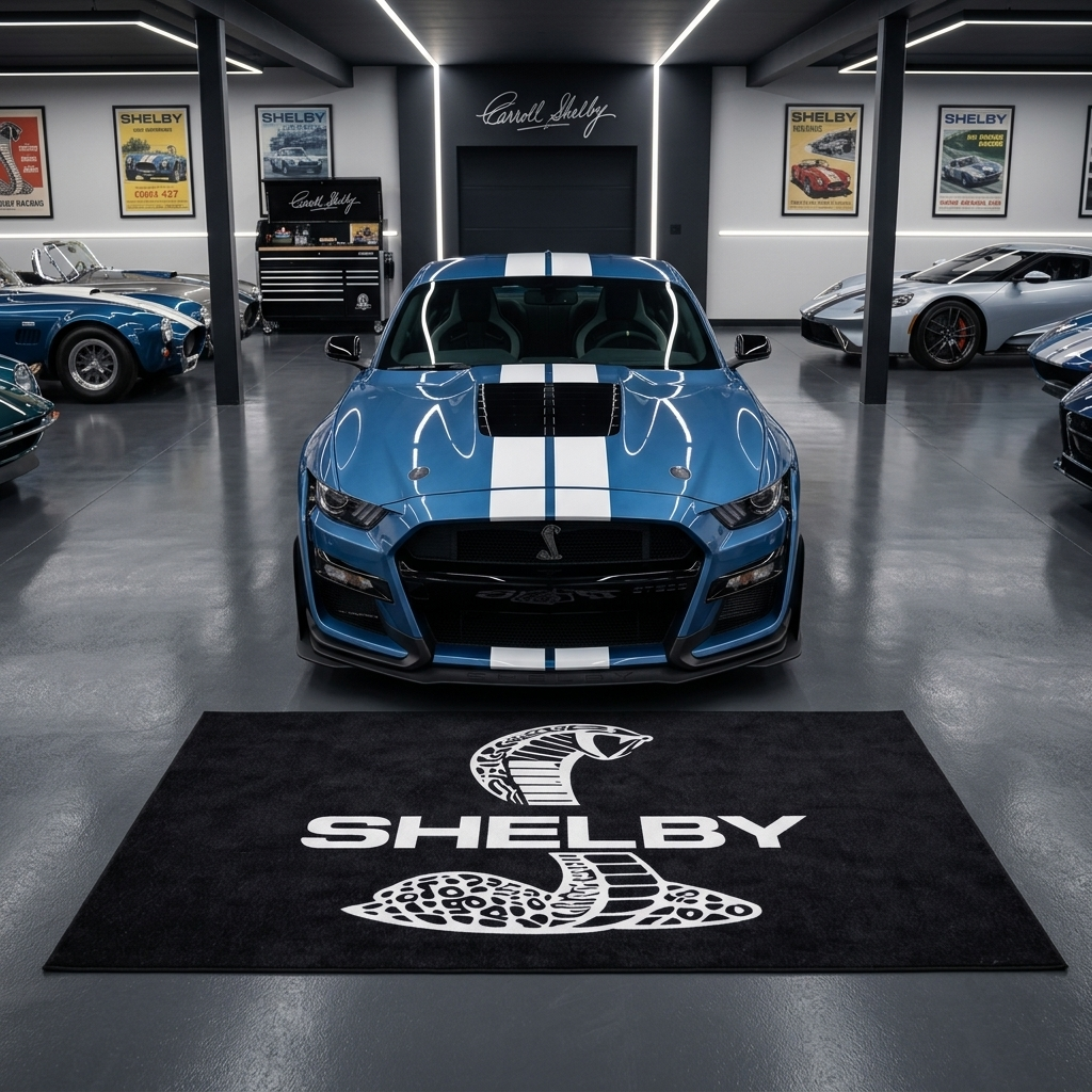 Shelby Cobra garage floor mat, 5x7 ft (60x87"), iconic coiled cobra emblem and SHELBY wordmark in white on black background with dimensions shown.